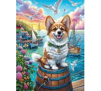 Cachorro de Corgi en un Barril Junto al mar Puzzle 500 Piezas Papel Mayores Animales y Plantas Terapia Ocupacional Entretenimiento Sin Pantalla para Navidad Regalo Original 500 PCS
