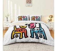 Cachorro de dibujos animados Línea Minimalista Ilustración Funda Nórdica, Blanco Suave Transpirable Material Microfibra, 240 x 260 cm Juego de cama reversible con cremallera y 2 fundas de almohada