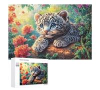 Cachorro de Leopardo de Nieve en Roca con Flores Rojas Puzzle 1000 Piezas para Familia Actividad De Grupo Cooperación Familiar Regalo para Reunión 1000 PCS