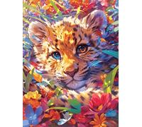 Cachorro de leopardo en un jardín de flores en floración Rompecabezas 300 Piezas Cartón Para Adultos Y Adolescentes vida silvestre y plantas Colección Rompecabezas Decoración Dormitorio Pieza Decorati