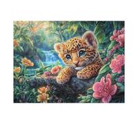 Cachorro de Leopardo sobre una Roca musgosa con una Cascada Puzzles 500 Piezas Desafío Nivel Difícil Rompecabezas para Adultos Aliviar Estrés Decoración Hogar DIY Moderno Portátil 500 PCS