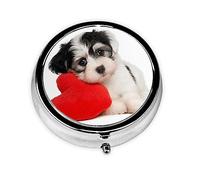 Cachorro de perro con un corazón rojo impreso, pastillero, pastillero cuadrado para bolsillo o monedero, pastillero pequeño, organizador de pastillas de viaje