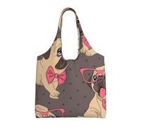 Cachorro de Pug de dibujos animados con gafas y pajarita,Bolsas de mano reutilizables, bolsas de supermercado, bolso de hombro de lona de gran capacidad