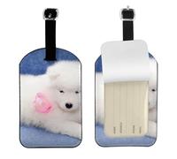 Cachorro de samoyedo blanco con lazo peludo,Etiquetas de equipaje de cuero sintético con nombre, etiquetas de viaje duraderas, 2 unidades