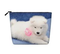 Cachorro de Samoyedo Blanco con Lazo Peludo,Neceser de Maquillaje de imitación Lino, Neceser de Viaje portátil