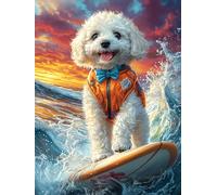 Cachorro de samoyedo surfeando en una ola Rompecabezas 500 Piezas Cartón Resistente Para Mayores Vida silvestre y mascotas Desarrollo Lógica Entretenimiento Toda La Familia Decoración Salón Reyes Mago