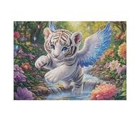 Cachorro de Tigre Blanco Alado en el Bosque con un Arroyo Puzzle 300 Piezas Relajante Premium Rompecabezas para Hombres Y Mujeres Estera Portátil 3D Decoración Hogar Duradera 300 PCS