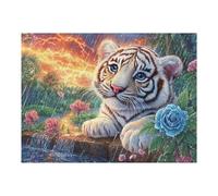 Cachorro de Tigre Blanco Cerca de Las Rosas Azules bajo un Cielo tormentoso Puzzles 500 Piezas Obra De Arte 3D Familiar Rompecabezas para Adultos Aliviar Estrés Decoración Hogar Moderno DIY 500 PCS