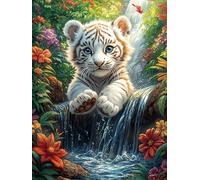 Cachorro de Tigre Blanco en el aguafall Puzzles 500 Piezas Obra De Arte 3D Familiar Premium Rompecabezas para Adultos Aliviar Estrés Decoración Hogar Moderno DIY 500 PCS