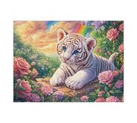 Cachorro de Tigre Blanco en el arbusto de Rosas con un arcoíris Puzzles 500 Piezas Maquetas Educativas Detalladas Rompecabezas para Familia Construir DIY Aliviar Estrés Decoración Hogar 500 PCS