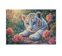 Cachorro de Tigre Blanco Entre Las Rosas Puzzle 300 Piezas Cartón Resistente para Niños Mayores 14 Años Decoración Salón para Colgar En Pared Decoración Artística Regalo Pensado 300 PCS