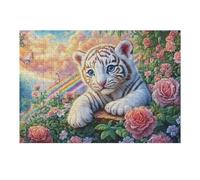 Cachorro de Tigre Blanco sobre un tocón de árbol con un arcoíris Puzzles 300 Piezas Impossible 3D Rompecabezas para Adultos Desafío Intelectual Estera Portátil DIY Moderno Creativo 300 PCS