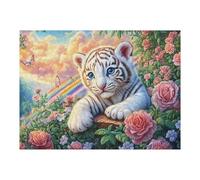 Cachorro de Tigre Blanco sobre un tocón de árbol con un arcoíris Puzzles 500 Piezas Actividad Familiar Rompecabezas 3D para Familia Juguete Educativo Aliviar Estrés Decoración Hogar 500 PCS