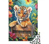 Cachorro de Tigre Tropical Puzzle de 1000 Piezas Puzzle para Adultos Papel Flores de la Selva Relajación Atención Familiar Decoración Regalo 52x38cm/1000pcs