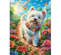 Cachorro de westie en el jardín de flores Puzzle 500 Piezas Educativo Construir 3D Animal lindo de cuento de hadas Rompecabezas Para Familia Maquetas Educativas Desafío Intelectual Decoración Hogar 50
