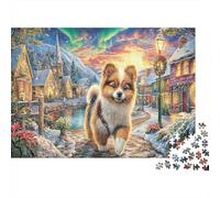 Cachorro en Pueblo Invernal Rompecabezas de Papel Pomerania en Pueblo nevado por la Noche, Regalo Coleccionable contra el aburrimiento 38x26cm/1000 Piezas