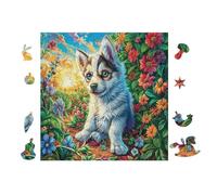 Cachorro Husky Jardín de Flores Rompecabezas 100 Piezas Cartón Grueso para Parejas Estimulación Mental Actividad Días Libres Decoración Hogar 28x28cm