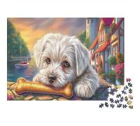 Cachorro maltés con Hueso por el río Puzzle Mascotas Rompecabezas - 1000 Piezas Desafiante, Adultos, Regalo, Juego Familiar, Decoración del Hogar 52x38cm/1000pcs