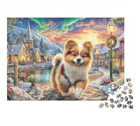 Cachorro Pueblo Invierno Puzzle 1000 Piezas Adultos Cachorro Pomerania Pueblo Nevado Aurora Premium Grueso Desafiante Alivio Estrés Juego Familiar Regalo 38x26cm