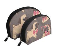Cachorro Pug de Dibujos Animados con Gafas y Pajarita, Bolsa de Maquillaje de Concha, Monedero pequeño para Mujer, Bolsa de artículos de tocador, Bolsa de cosméticos, 2 Piezas