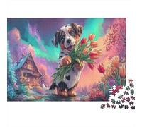 Cachorro Que sostiene Tulipanes felizmente Puzzle 1000 Piezas - Mascotas Rompecabezas, Regalo, Juego Familiar, Decoración del Hogar, Adultos 52x38cm/1000pcs