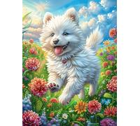 Cachorro Samoyedo en la pradera florida Rompecabezas 300 Piezas Cartón Grueso Para Coleccionistas Cuento de hadas de acompañamiento mágico Eventos Team Building Relajación Mental Ocio En Casa Oferta E