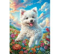 Cachorro Westie en Prado Florido Puzzles 500 Piezas Obra De Arte Decorativa Fauna Mascotas Rompecabezas Familiar para Adultos DIY Creativo Aliviar Estrés Portátil 500 PCS