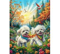 Cachorros Maltés en el jardín de otoño Puzzle 300 Piezas 3D Creativo Cuento de Hadas fantástico Animal Rompecabezas para Hombres Y Mujeres Decoración Hogar Moderno Construir Maquetas 300 PCS