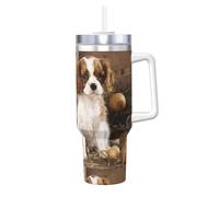 Cachorros pequeños de Cavalier King Charles Spaniel,Vaso Ice Bully de 40 oz con asa, tapa, pajita, de acero inoxidable, taza de café para coche.