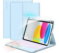 CACOE Funda Teclado Compatible con iPad 10 10.9 Pulgadas 2022 A2757/A2777 con Touchpad, Iluminación de 7 Colores Desmontable Teclado Español Inalámbrico con Película Protectora Azul Cielo