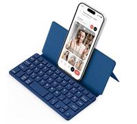 CACOE Teclado Bluetooth con soporte, mini teclado para teléfono móvil, teclado portátil ultra plano, plegable, doble canal, para smartphone y más iOS Android Windows, mar azul