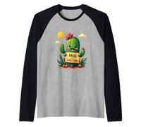 Cactus de Dibujos Animados sosteniendo un Cartel Que Dice Abrazo con precaución, en Camiseta Manga Raglan
