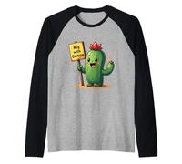 Cactus de Dibujos Animados sosteniendo un Cartel Que Dice Abrazo con precaución, en Camiseta Manga Raglan
