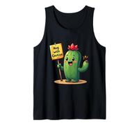 Cactus de Dibujos Animados sosteniendo un Cartel Que Dice Abrazo con precaución, en Camiseta sin Mangas