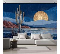 Cactus Luna Llena Papel Pintado Panorámico Decorativo, Paisaje Desértico Abstracto 3D Mural Impreso Para Dormitorio Sala Estar Sala Juegos, Azul - 250 × 175 Cm