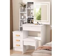 cadciehe - Escritorio de maquillaje con espejo y luces, tocador de 3 modos de iluminación, 4 cajones, para dormitorio, cortesía, oficina, luminoso, regalo de Navidad, perfecto color blanco