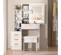 cadciehe Escritorio de tocador con espejo deslizante, tocador para dormitorio, mesa de maquillaje con cajones y estantes, espacio de almacenamiento oculto, color blanco