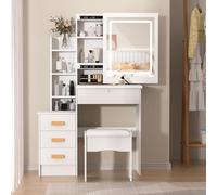 cadciehe Escritorio de tocador con espejo deslizante y luces, tocador de dormitorio, mesa de maquillaje con cajones y estantes, espacio de almacenamiento oculto, blanco