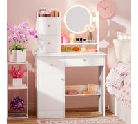 Cadciehe - Escritorio de vanidad, maquillaje con espejo LED redondo y luces ajustables, 4 cajones + armario de almacenamiento, estantes varios niveles, eco madera, - habitación/vanidad baño para
