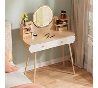 cadciehe Espejo de escritorio con luz, escritorio de maquillaje con espejo iluminado LED, mesa de tocador con 2 cajones y estantes de apertura, tocador de dormitorio, luces de tocador para espejo, 3