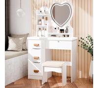 cadciehe Tocador con luces LED, escritorio de maquillaje con espejo de corazón iluminado por LED, mesa de tocador con 4 cajones y estantes de apertura, tocador para dormitorio con taburete, color