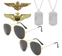 cadelon Disfraz Top Gun, 6 piezas de accesorios de aviador con 2 gafas de sol, 2 collares y 2 insignias, kit de trajes perfecto para reuniones de fiesta, juegos de rol