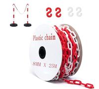 Cadena de barricada de plástico de 25 m, color rojo y blanco, 8 mm, cadena de advertencia y barricada con 4 ganchos en S, cadena de advertencia de seguridad de plástico para obras, aparcamiento y