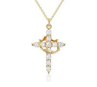 Cadena de cruz chapada en oro de 14 quilates, cadena de cruz pavimentada chapada en oro, collar para mujer con corona y símbolo de cruz, elegante colgante de cruz, cadena de diamantes, collar de