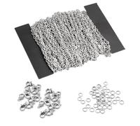 Cadena de eslabones de 12 m por metros, cadena para manualidades, fabricación de joyas, acero inoxidable, con 100 anillos y 30 cierres de mosquetón, cadena de eslabones de plata para manualidades,