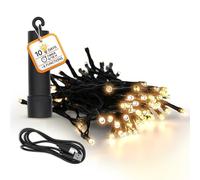 Cadena de luces con batería recargable por USB, hasta 10 días de duración de la luz con temporizador, 100 LED a 7,4 m, luz decorativa para exteriores de color blanco cálido con 8 funciones