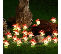 Cadena de luces de setas, 2 m, 20 ledes, lámpara de setas, cadena de luces con temporizador, lámpara de hongos luminosos, decoración de setas, luz blanca cálida, lámpara de seta de mosca para jardín