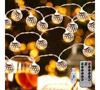 Cadena de luces LED para interior - USB cadena de luces de luces exteriores con 40 bolas de plata marroquí con mando a distancia para habitaciones, balcón, boda, decoración de 6 metros, blanco cálido