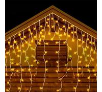 Cadena de luces planas tipo carámbano, batería 3AA, 10m x 0,6m, color blanco cálido; ideal para decoraciones festivas y ambientar espacios.