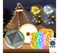 Cadena de luces solares para camping, 10 m, blanco cálido + RGB para exteriores, con 13 modos de iluminación, carga solar y USB, 130 ledes, lámpara portátil para camping, jardín y senderismo